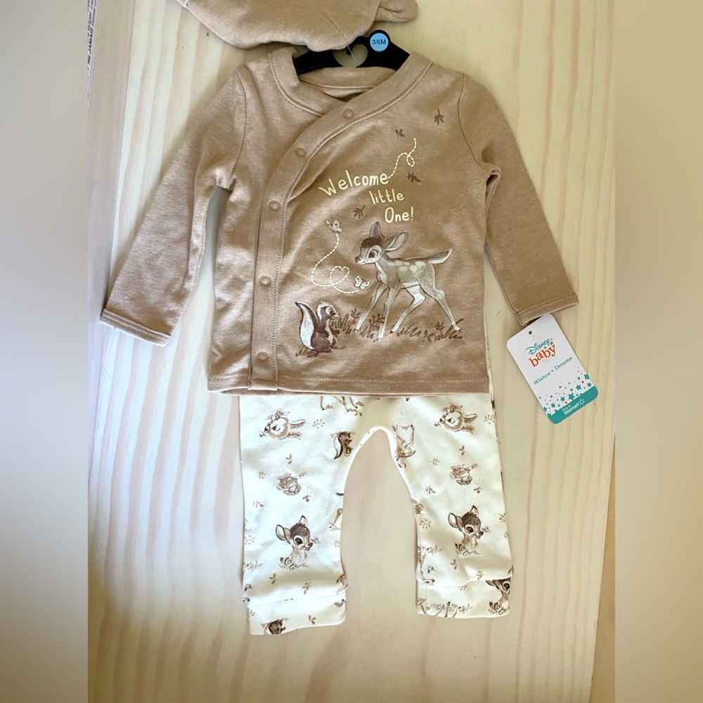 Disney Girls Bambi 3-6mo Beige Neutral Set With Pants Hat and Long Sleeve Shirt - Picture 2 of 3